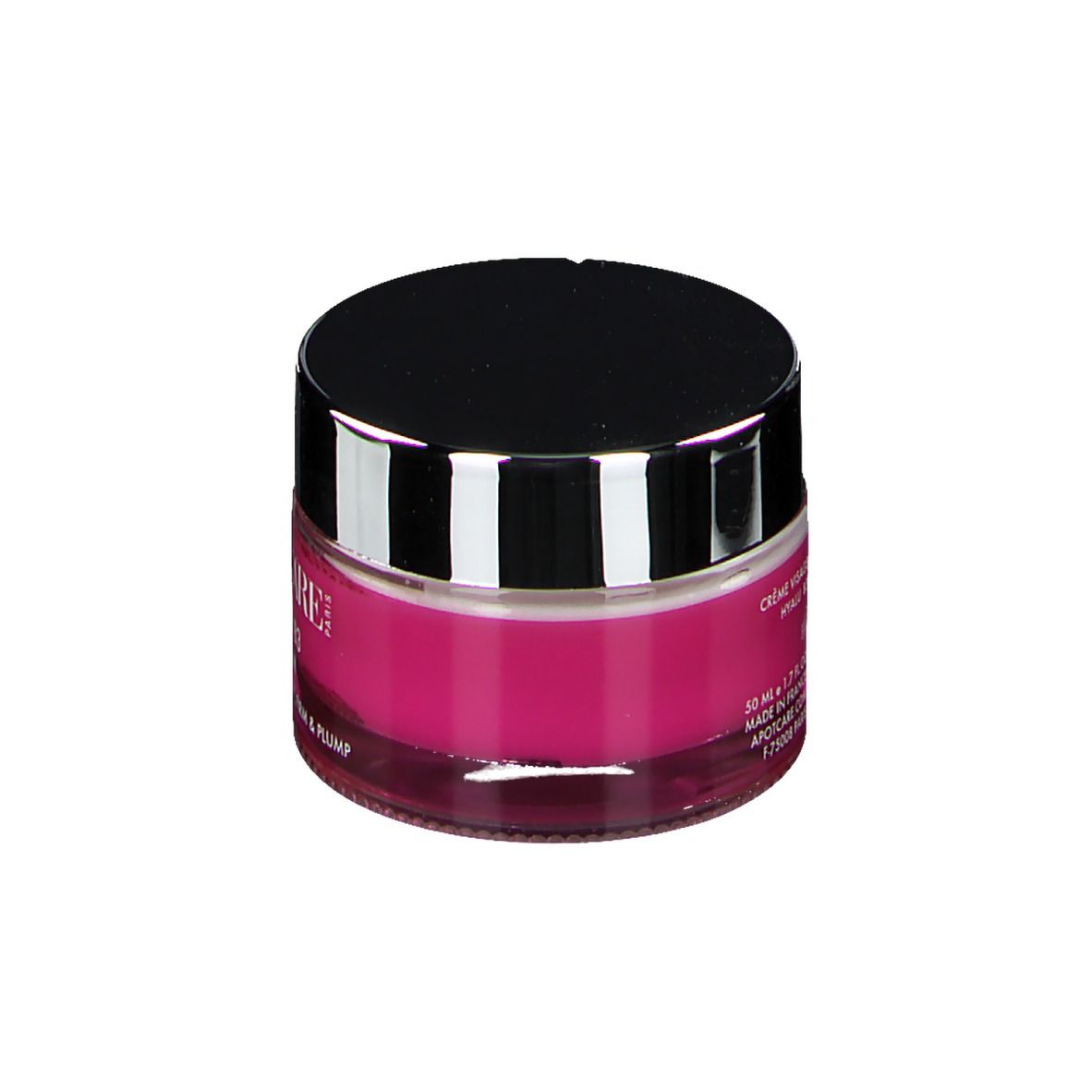 Pot de crème avec couvercle noir et bord argenté. Étiquette rose avec inscription: APOT.CARE HYALU B3 CREAM. Texte au dos.