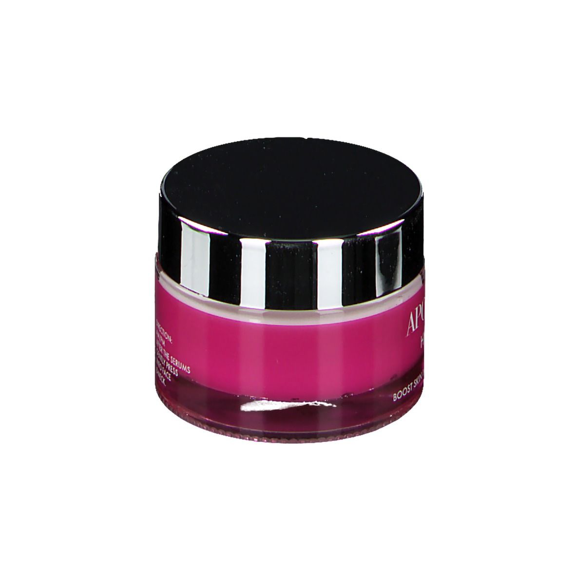 Pot de crème avec couvercle noir et bord argenté. Étiquette rose avec inscription: APOT.CARE HYALU B3 CREAM. Texte au dos.