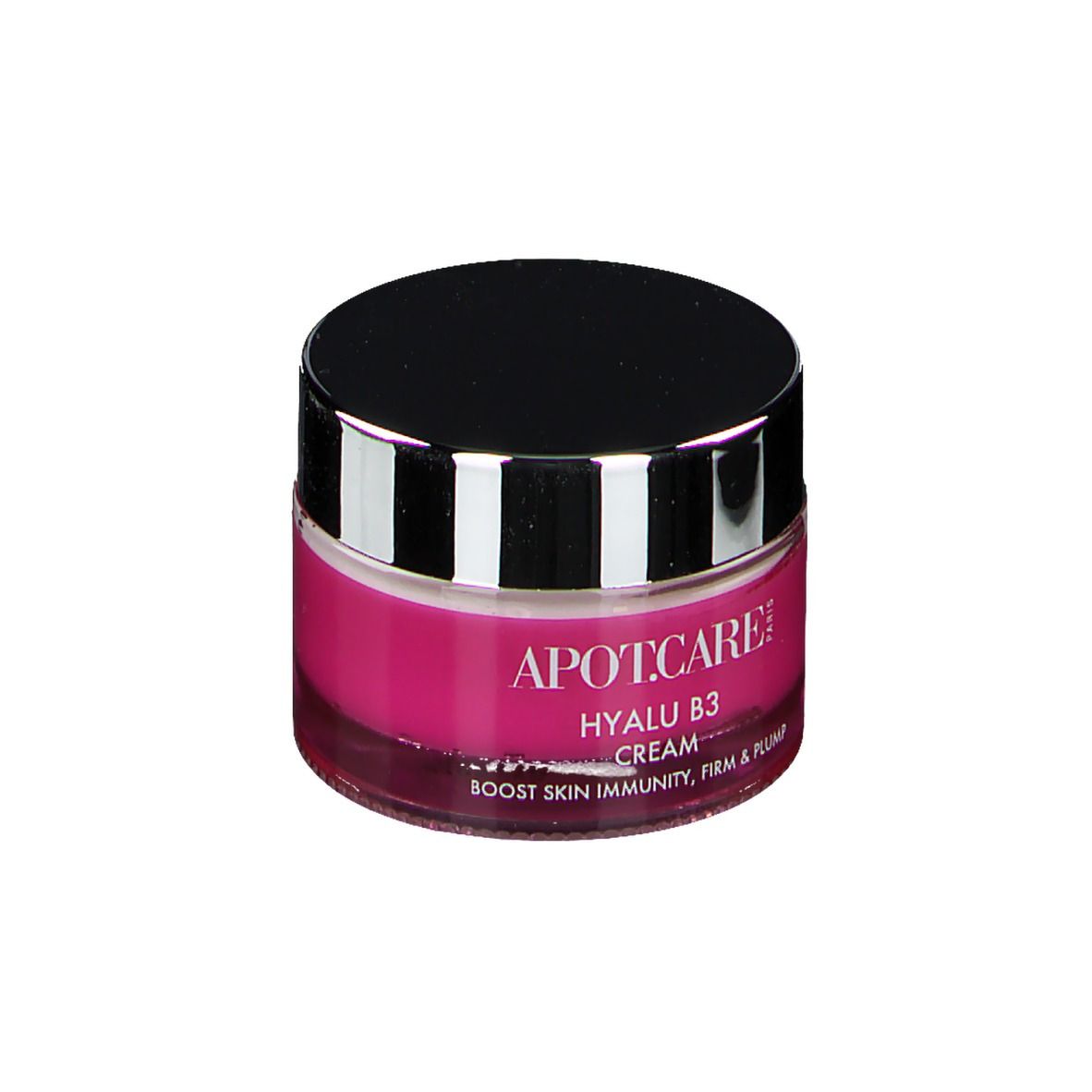 Pot de crème avec couvercle noir et bord argenté. Étiquette rose avec inscription: APOT.CARE HYALU B3 CREAM. Texte au dos.