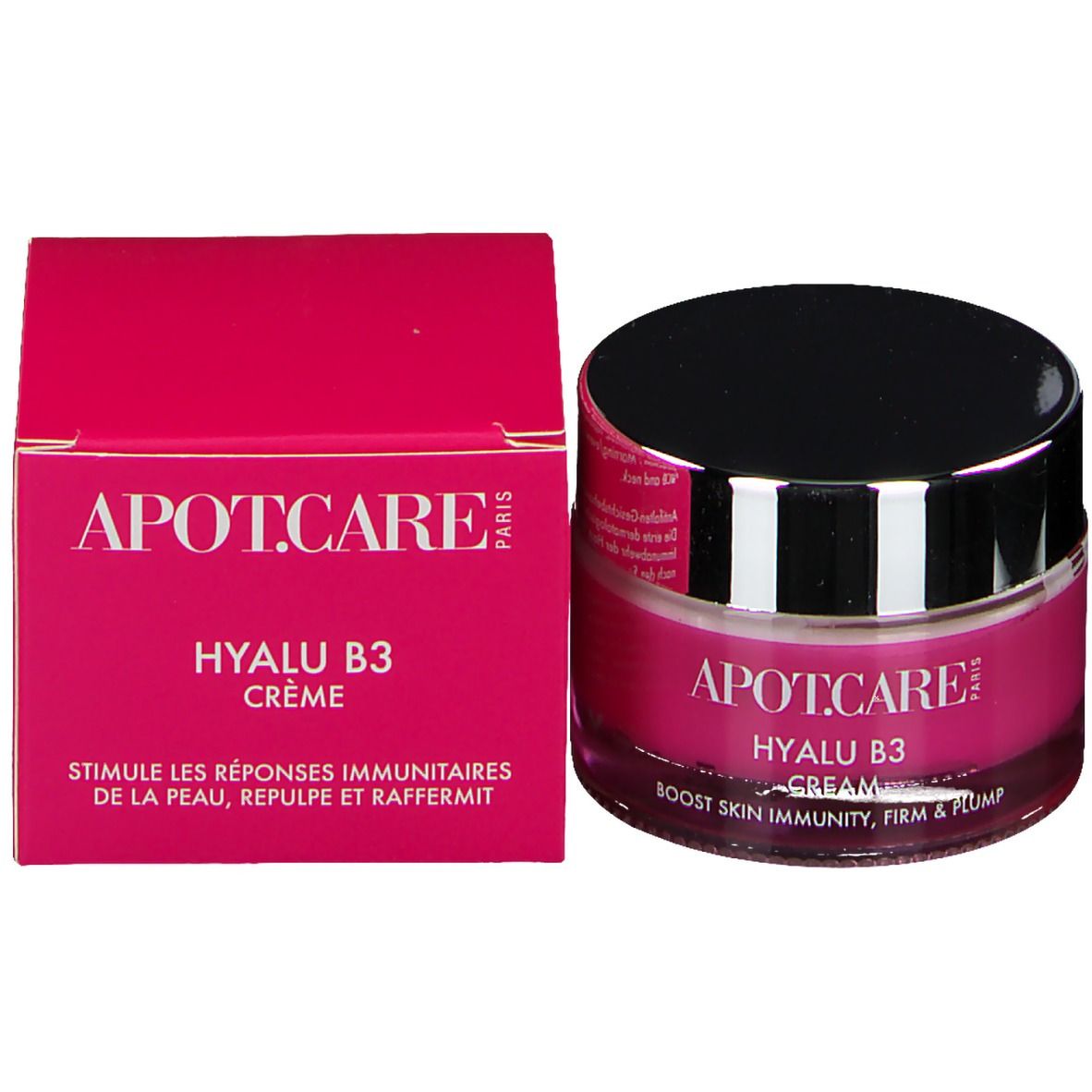Pot de crème et boîte. Inscription: APOT.CARE PARIS, HYALU B3 CRÈME. Étiquette rose. Couvercle noir. Bord argenté.