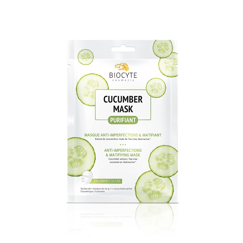 BIOCYTE Cucumber Mask. Sachet blanc avec tranches de concombre. Nom du produit et logo. Texte : Masque anti-imperfections & matifiant.