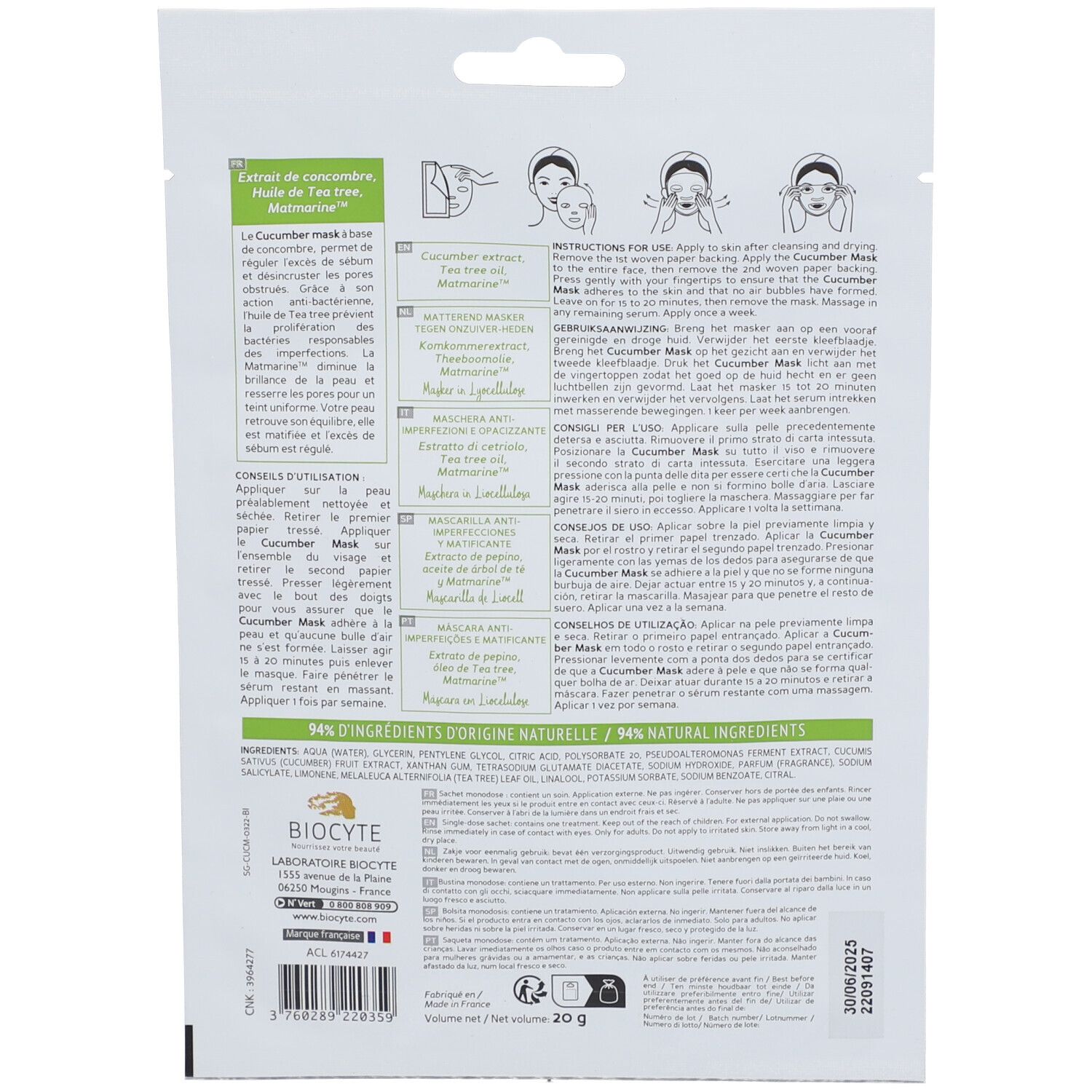 Dos du sachet BIOCYTE Cucumber Mask. Texte multilingue. Ingrédients, mode d'emploi et informations du fabricant.