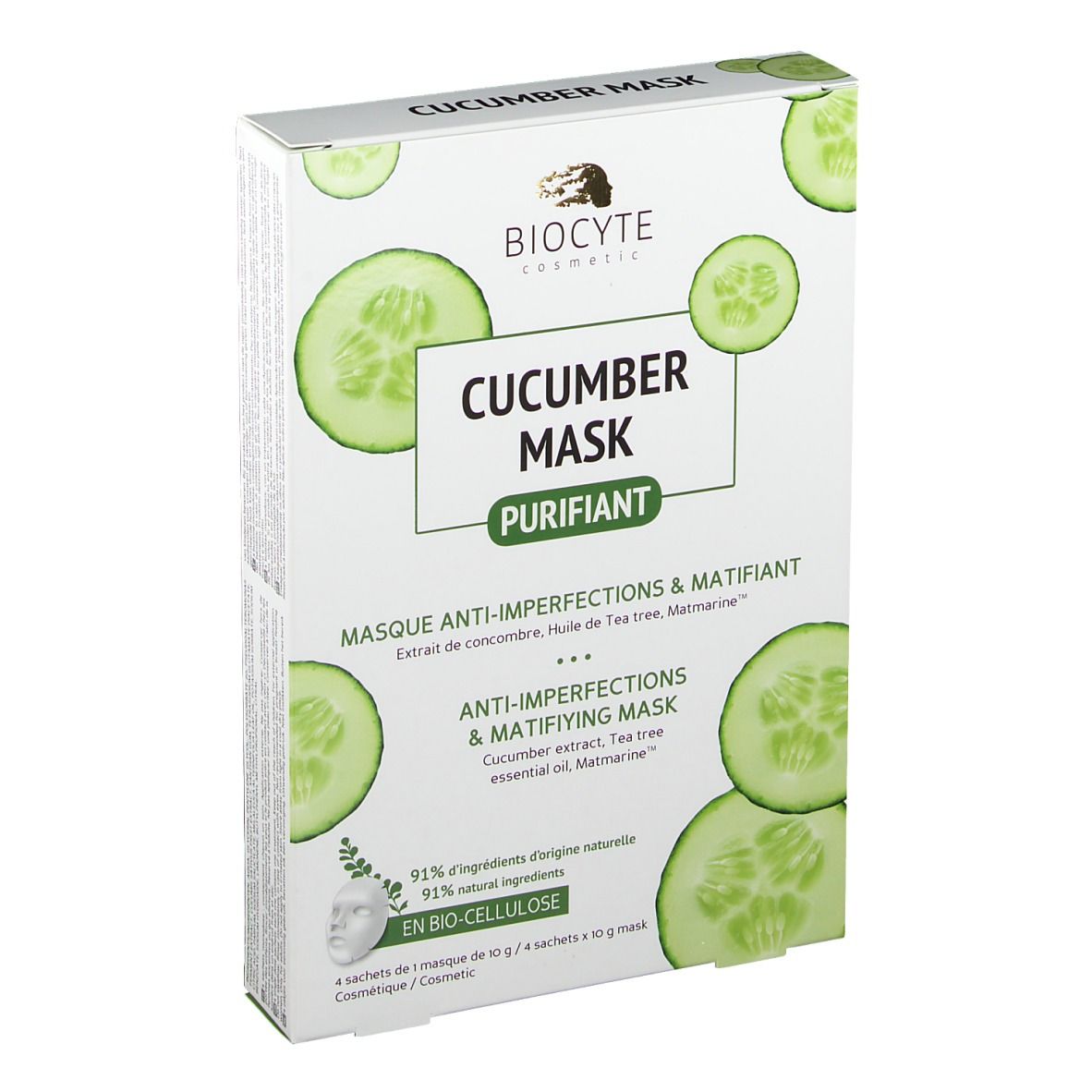 Boîte Biocyte Cucumber Mask®. Nom du produit, tranches de concombre et logo. Texte : Masque anti-imperfections & matifiant. 4 sachets.