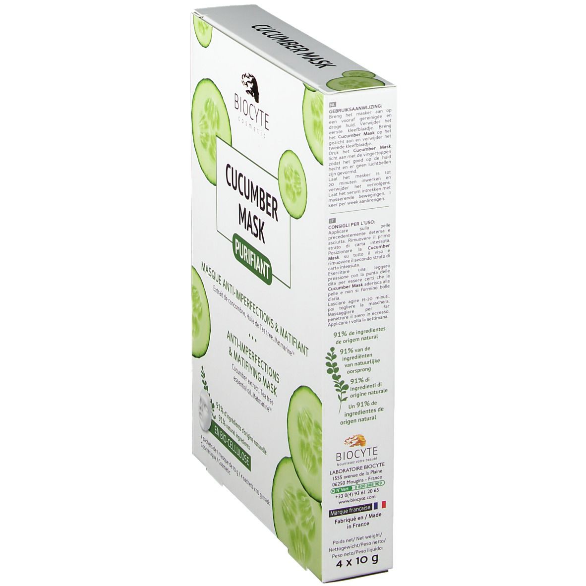 Boîte Biocyte Cucumber Mask® en biais. Nom du produit, tranches de concombre et logo. Texte : Masque anti-imperfections & matifiant. 4 x 10 g.