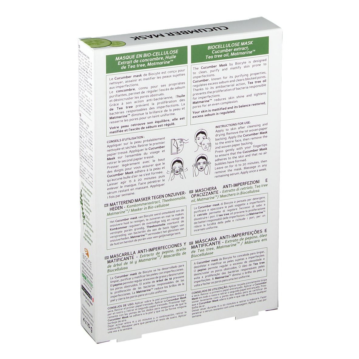 Dos de la boîte Biocyte Cucumber Mask®. Texte multilingue. Nom du produit, tranches de concombre et logo. 4 x 10 g.