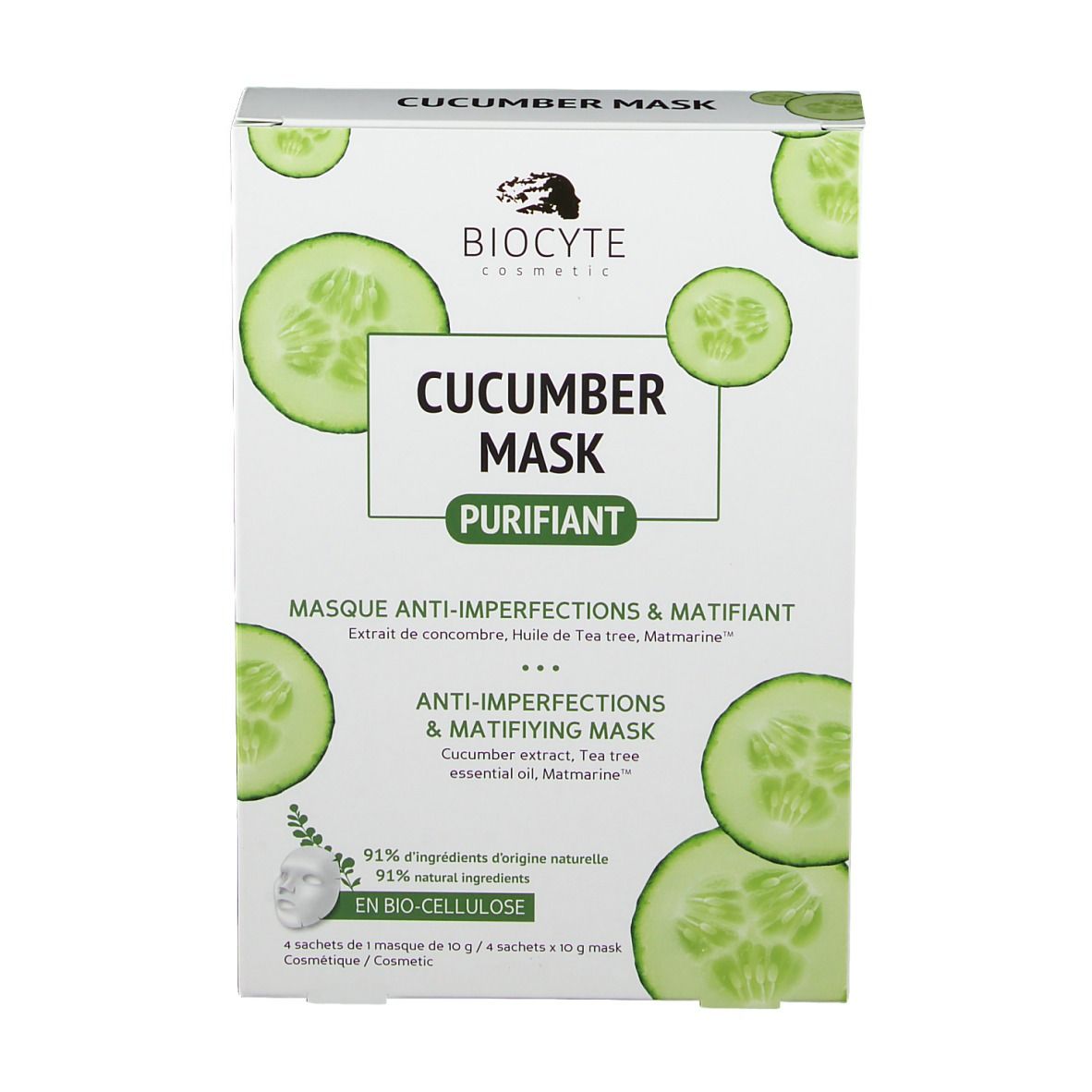 Boîte Biocyte Cucumber Mask®. Vue de face. Nom du produit, tranches de concombre et logo. Texte : Masque anti-imperfections & matifiant. 4 masques.