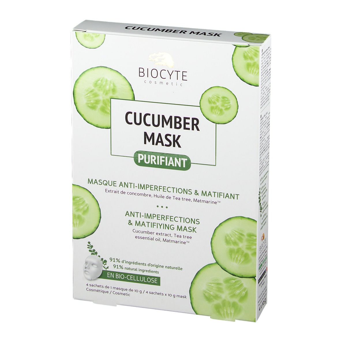 Boîte Biocyte Cucumber Mask®. Vue de face. Nom du produit, tranches de concombre et logo. Texte : Masque anti-imperfections & matifiant. 4 masques.