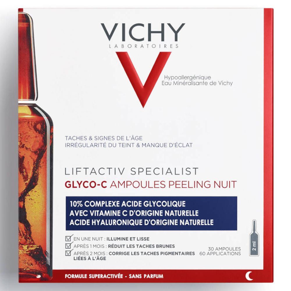 Boîte Vichy Liftactiv Specialist Glyco-C Ampoules Peeling Nuit. Contient des ampoules. Texte: Complexe 10% acide glycolique, vitamine C, acide hyaluronique.