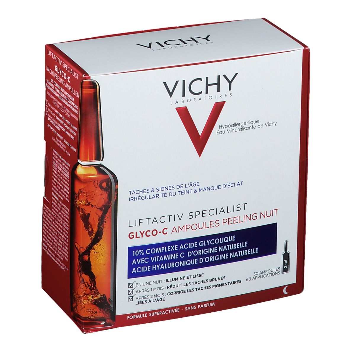 Boîte Vichy Liftactiv Specialist Glyco-C Ampoules Peeling Nuit. Contient des ampoules. Texte: Complexe 10% acide glycolique, vitamine C, acide hyaluronique.