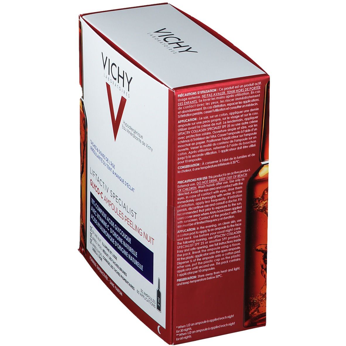 Boîte Vichy Liftactiv Specialist Glyco-C Ampoules Peeling Nuit, en biais. Texte: Complexe 10% acide glycolique, vitamine C, acide hyaluronique.