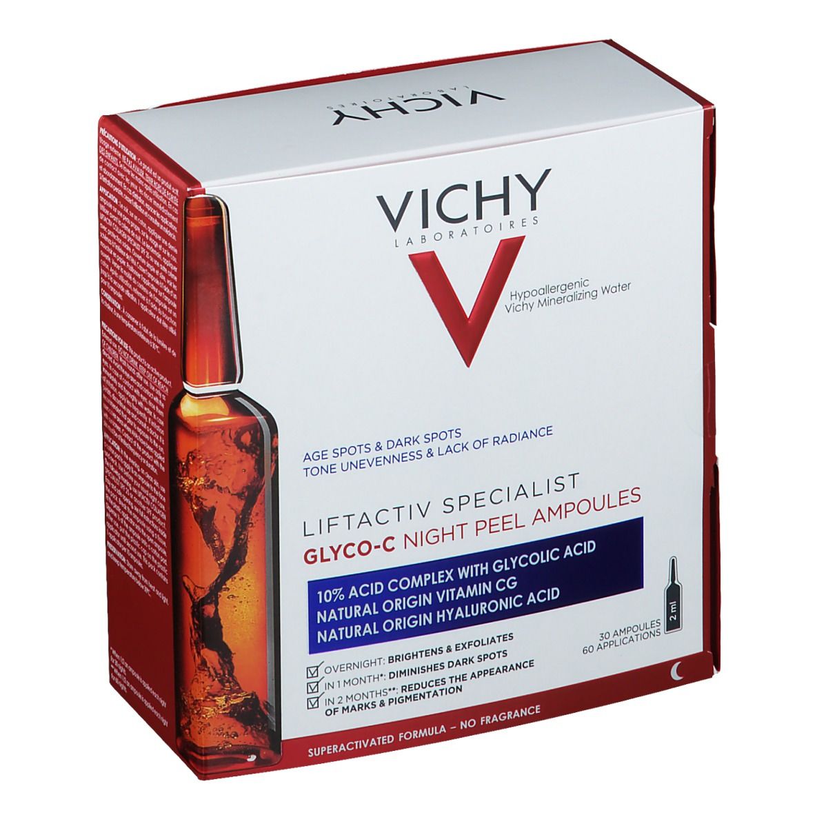 Boîte Vichy Liftactiv Specialist Glyco-C Ampoules Peeling Nuit, en biais. Texte au dos.