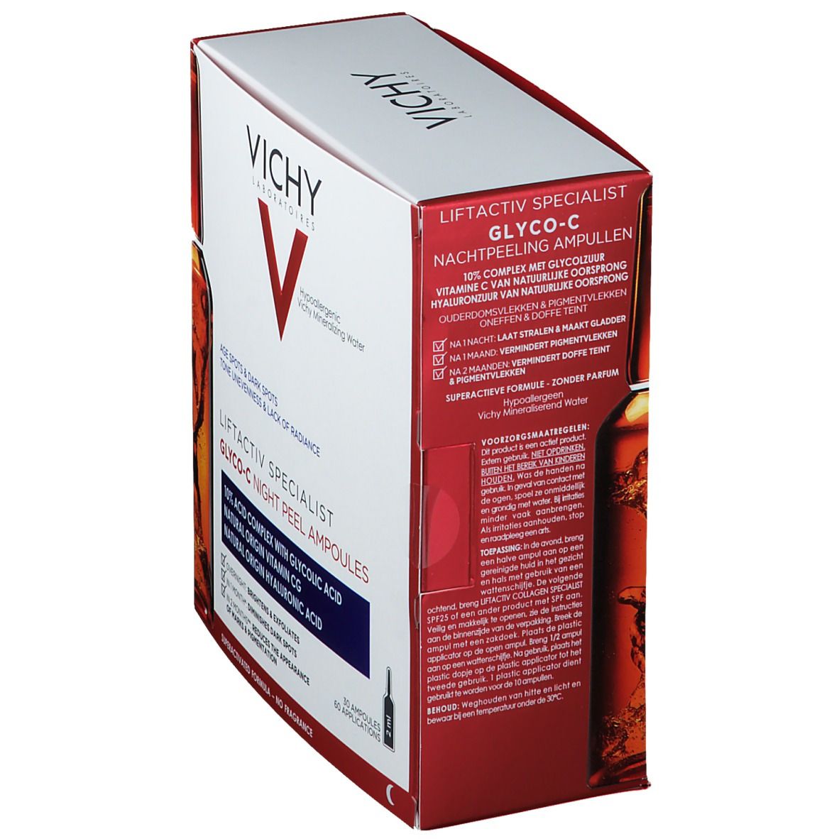 Boîte Vichy Liftactiv Specialist Glyco-C Ampoules Peeling Nuit, en biais. Texte au dos.