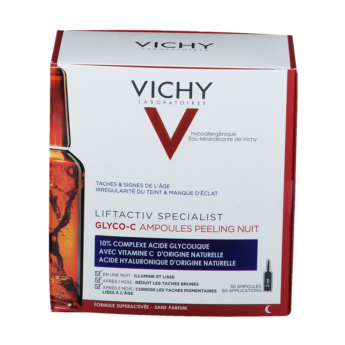 Boîte Vichy Liftactiv Specialist Glyco-C Ampoules Peeling Nuit. Texte: Complexe 10% acide glycolique, vitamine C, acide hyaluronique.