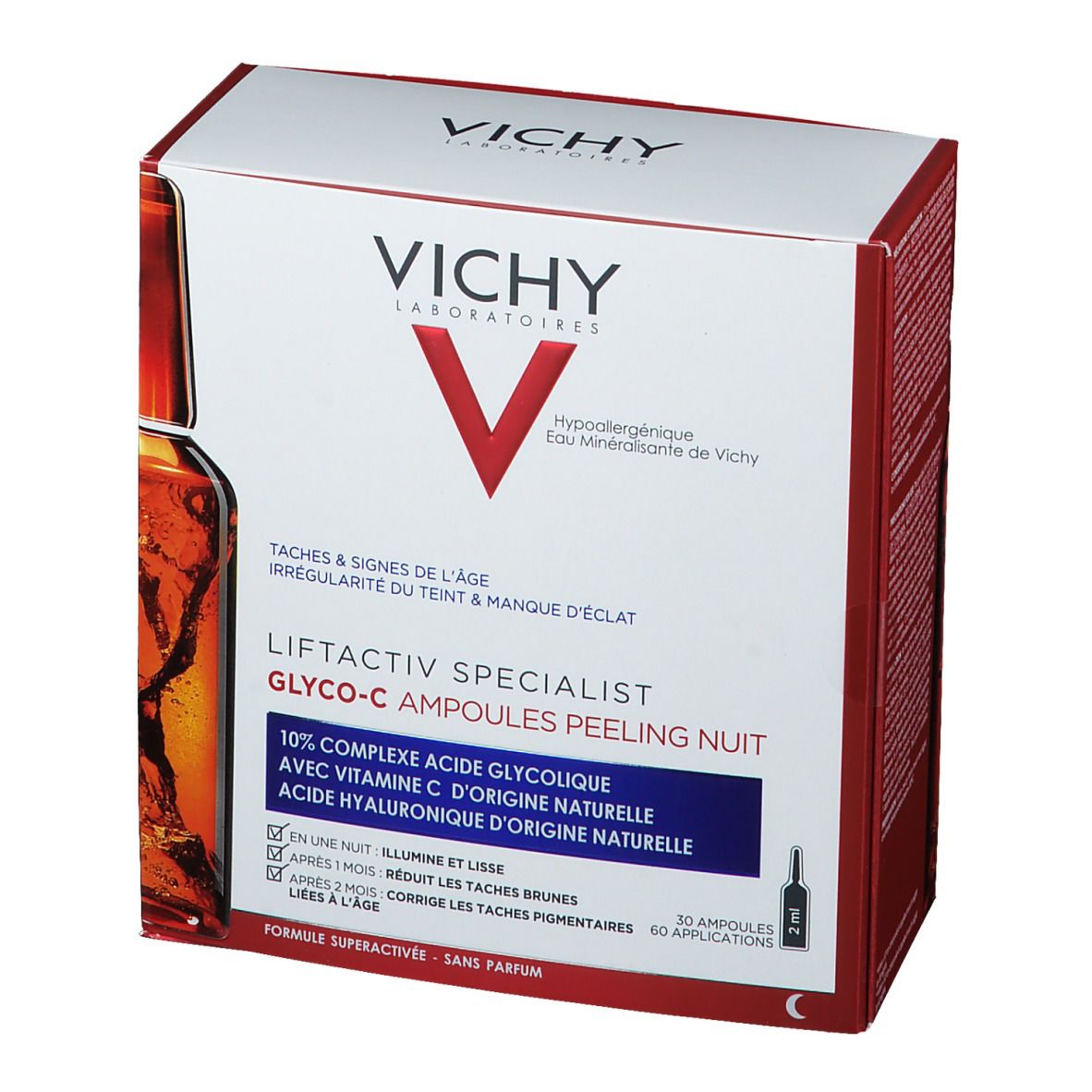 Boîte Vichy Liftactiv Specialist Glyco-C Ampoules Peeling Nuit. Texte: Complexe 10% acide glycolique, vitamine C, acide hyaluronique.