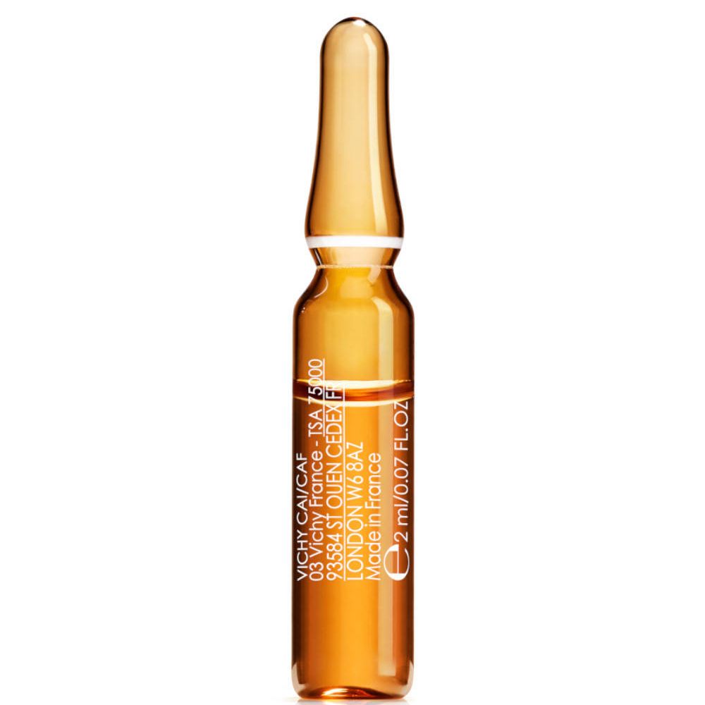 Ampoule unique. Liquide brun dans une ampoule en verre. Inscription: Vichy, 2 ml. Fabriqué en France.
