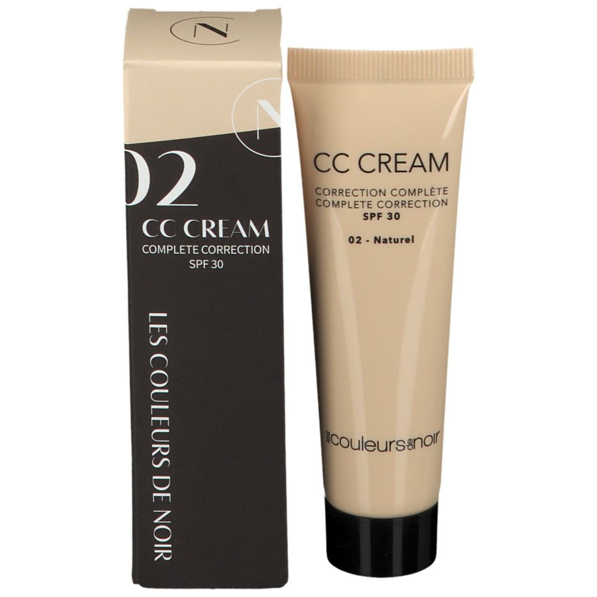 Produkt und Verpackung. Tube und Schachtel. Aufschrift: CC Cream, SPF 30, 02 - Naturel. Marke: Les Couleurs de Noir.
