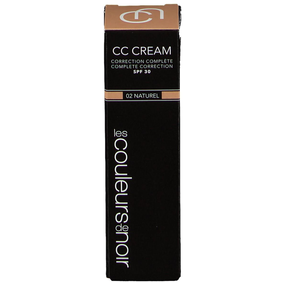 Schachtel mit Produktinformationen. Aufschrift: CC Cream, SPF 30, 02 - Naturel. Marke: Les Couleurs de Noir.
