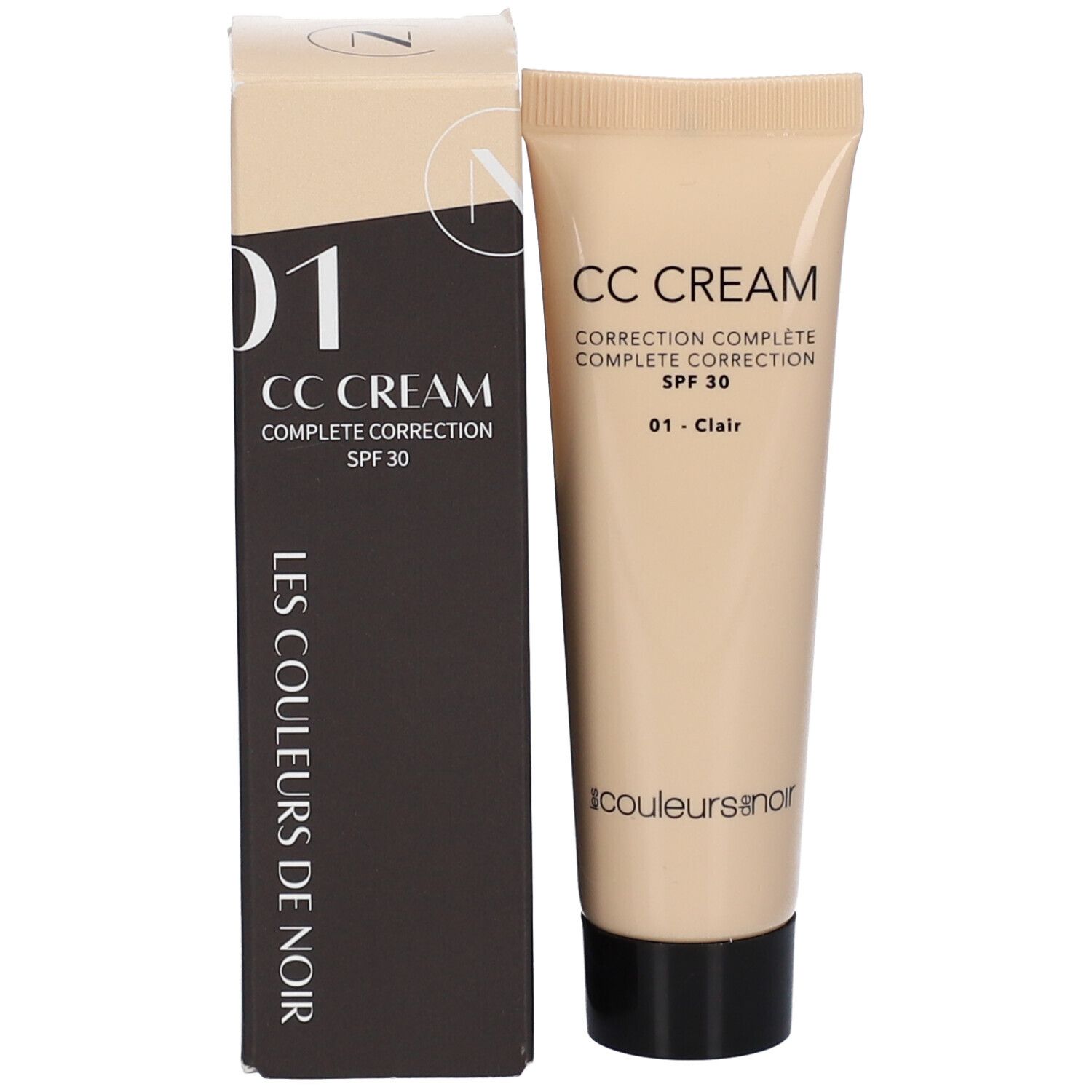 Verpakking en tube. Verpakking: zwart, beige. Opschrift: CC CREAM, SPF 30, 01 - Clair. Merk: Les Couleurs de Noir.