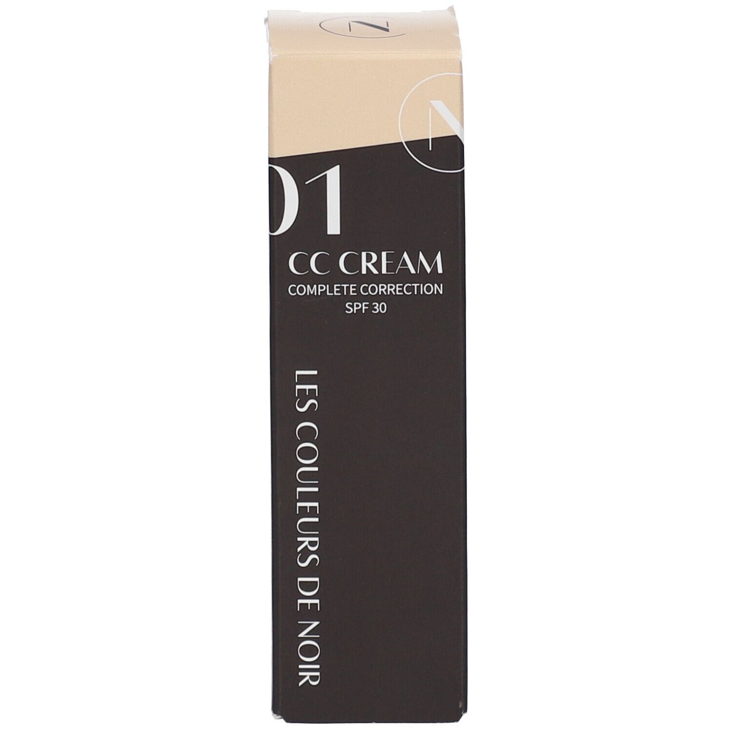 Productverpakking. Zwart, beige. Opschrift: CC CREAM, SPF 30, 01. Merk: Les Couleurs de Noir. Tekst: Les Couleurs de Noir.