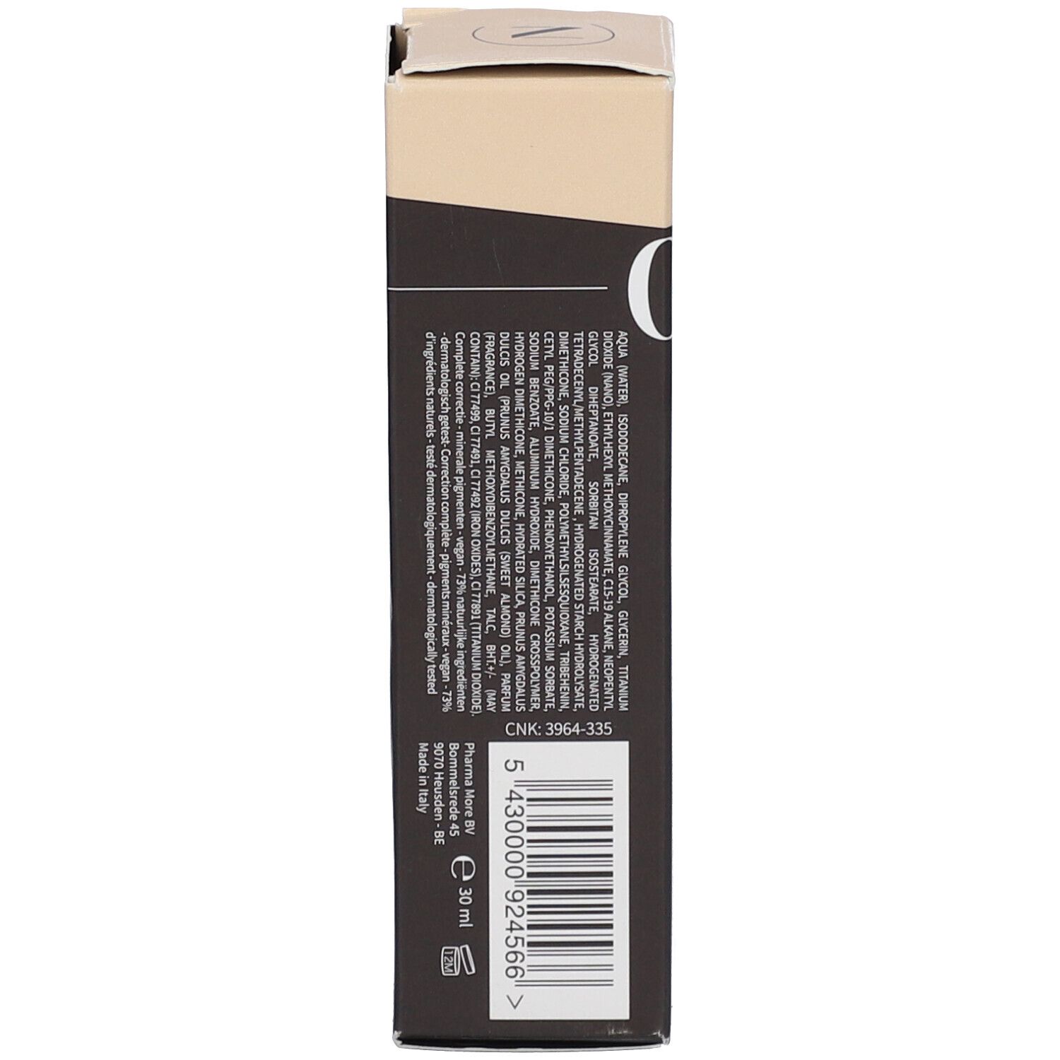 Productverpakking. Achterkant met ingrediënten, barcode, volume 30 ml. Gemaakt in Italië. Merk: Les Couleurs de Noir.