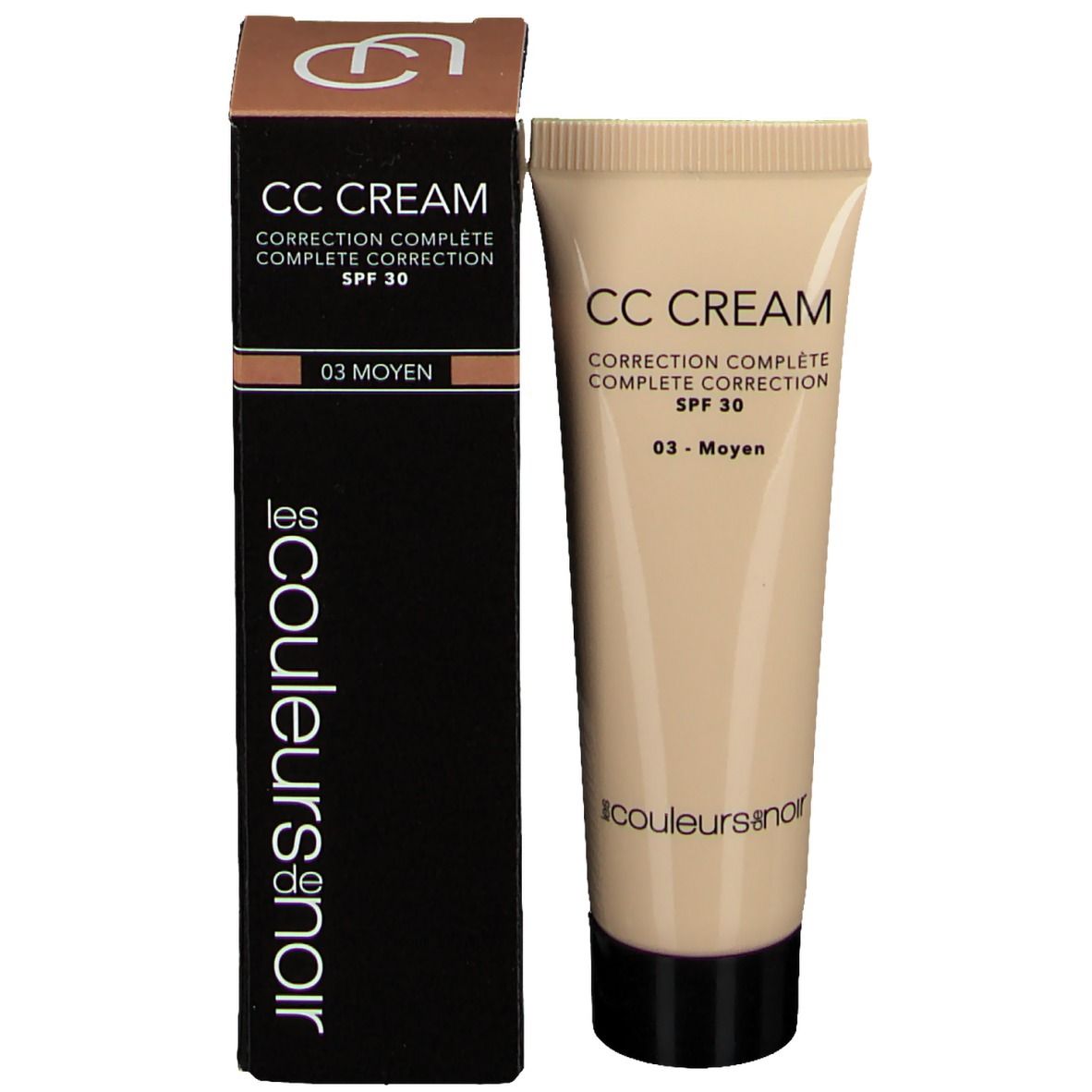 Produktverpackung mit Tube. Karton und Tube in Beige und Braun. Aufschrift: CC CREAM, SPF 30, 03-Moyen. Marke: Les Couleurs de Noir.