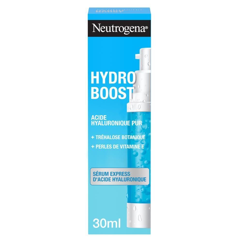 Flacon et emballage Neutrogena Hydro Boost Serum. Textes français. Flacon bleu avec pompe et bouchon transparent.
