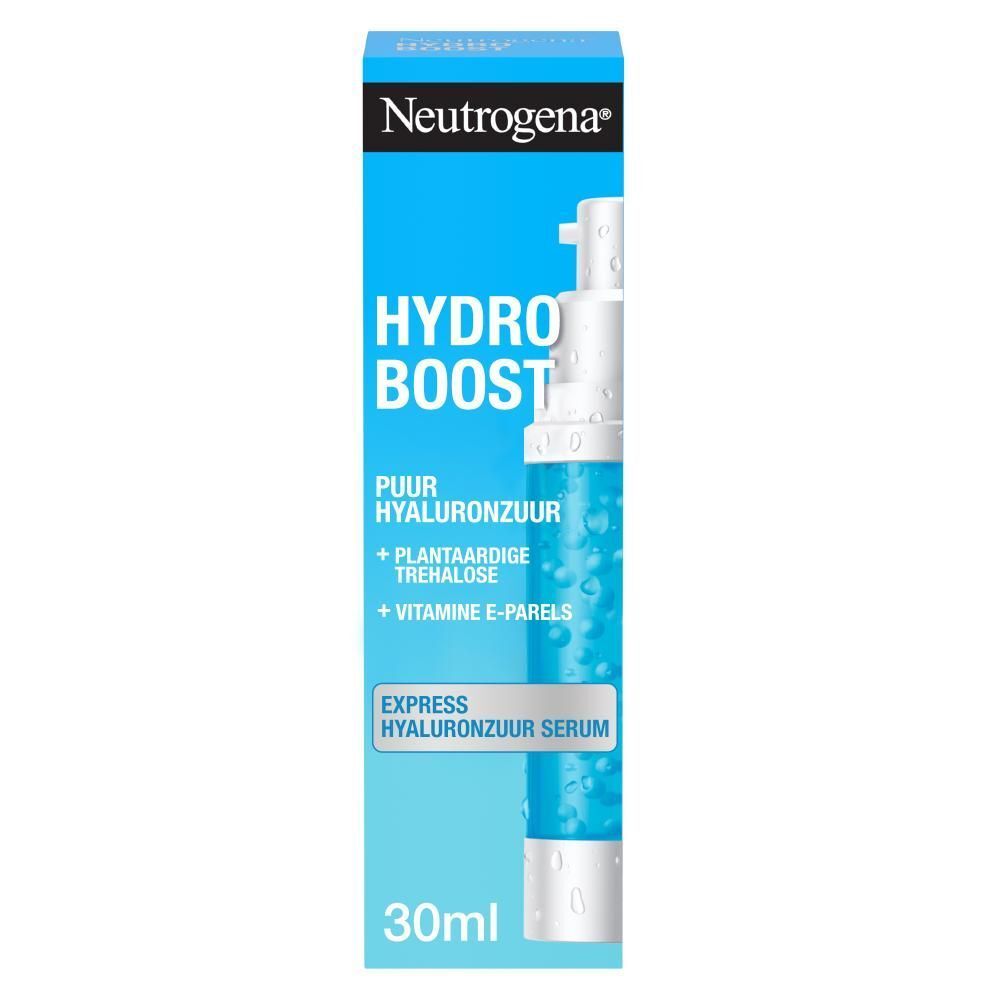 Neutrogena Hydro Boost Serum fles en verpakking. Nederlandse teksten. Blauwe fles met pomp en transparante dop.