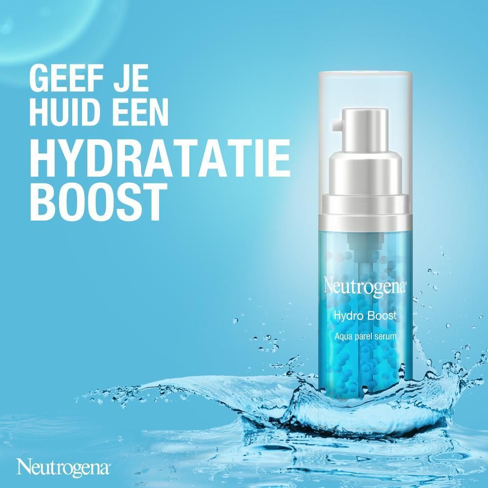 Neutrogena Hydro Boost Serum verpakking. Nederlandse teksten. Blauwe verpakking met productafbeelding.