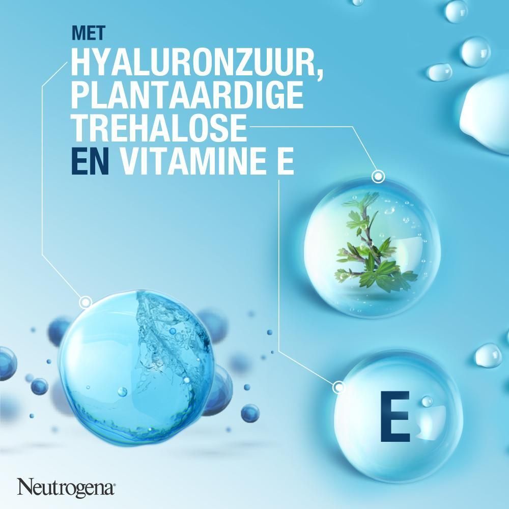 Neutrogena Hydro Boost Serum verpakking. Nederlandse teksten. Blauwe verpakking met productafbeelding.