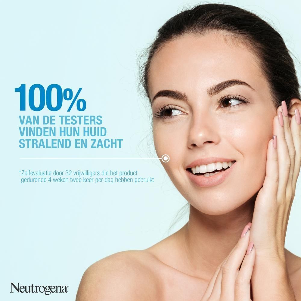 Neutrogena Hydro Boost Serum verpakking. Nederlandse teksten. Blauwe verpakking met productafbeelding.