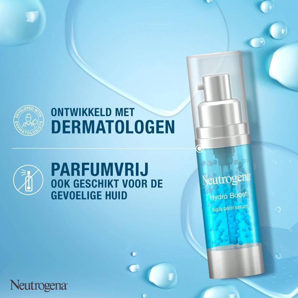 Neutrogena Hydro Boost Serum verpakking. Nederlandse teksten. Blauwe verpakking met productafbeelding.