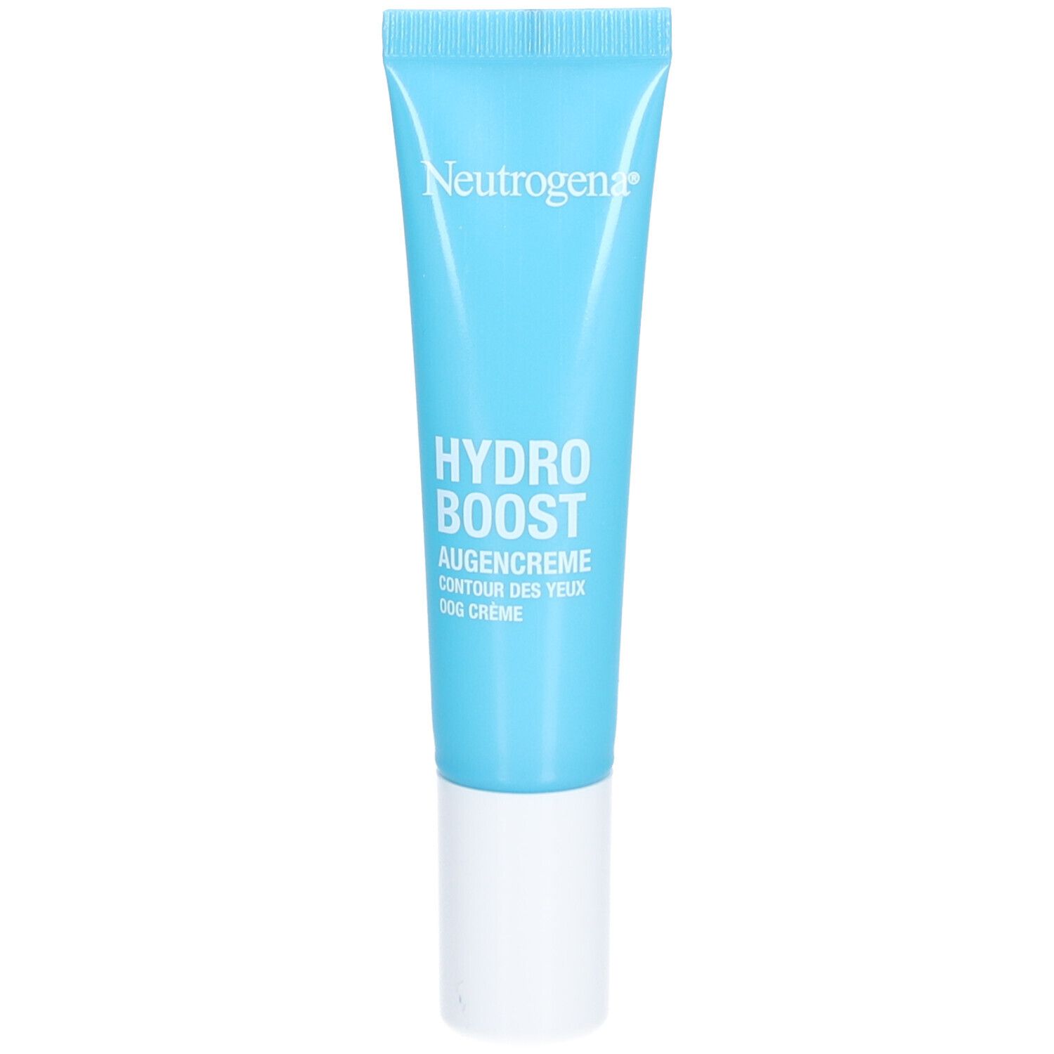 Tube bleue Neutrogena Hydro Boost. Texte et logo blancs. Crème pour les yeux.