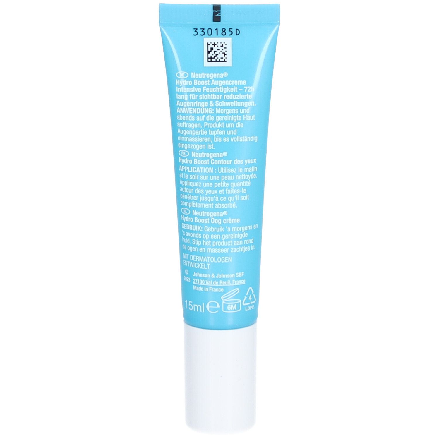 Dos du tube bleu. Texte multilingue. 15ml.