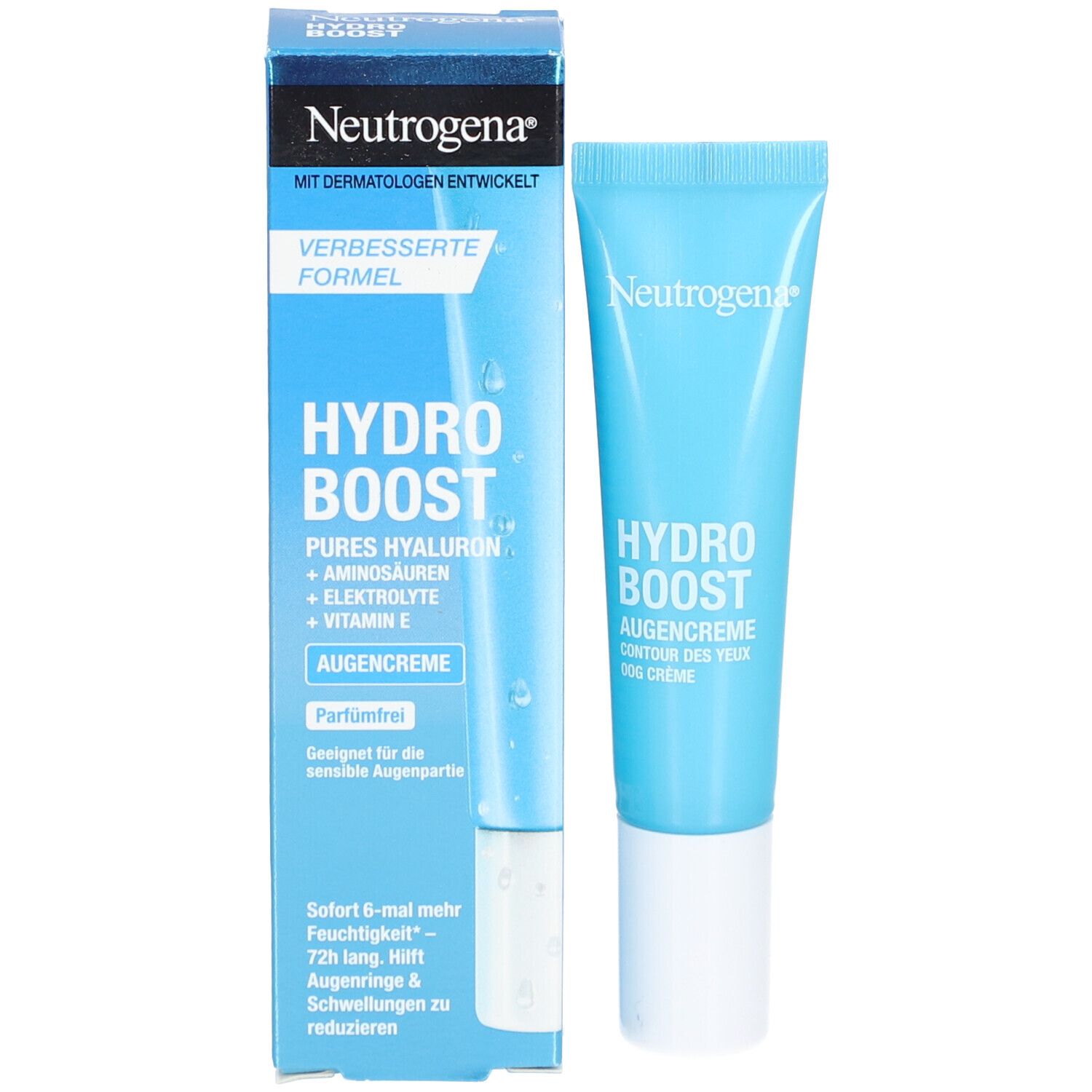 Neutrogena Hydro Boost crème yeux et emballage. Tube et boîte bleus.