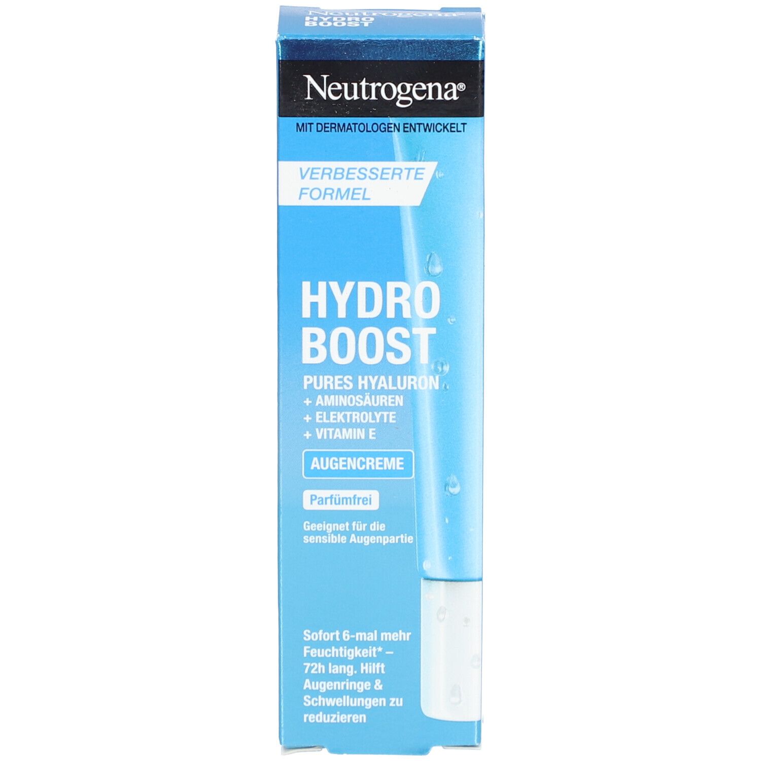 Emballage Neutrogena Hydro Boost crème yeux. Boîte bleue avec texte.