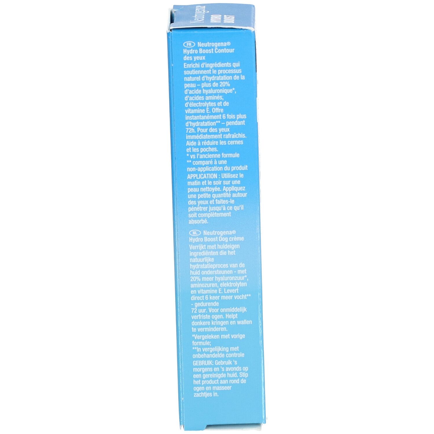 Côté de l'emballage. Texte multilingue. Boîte bleue.