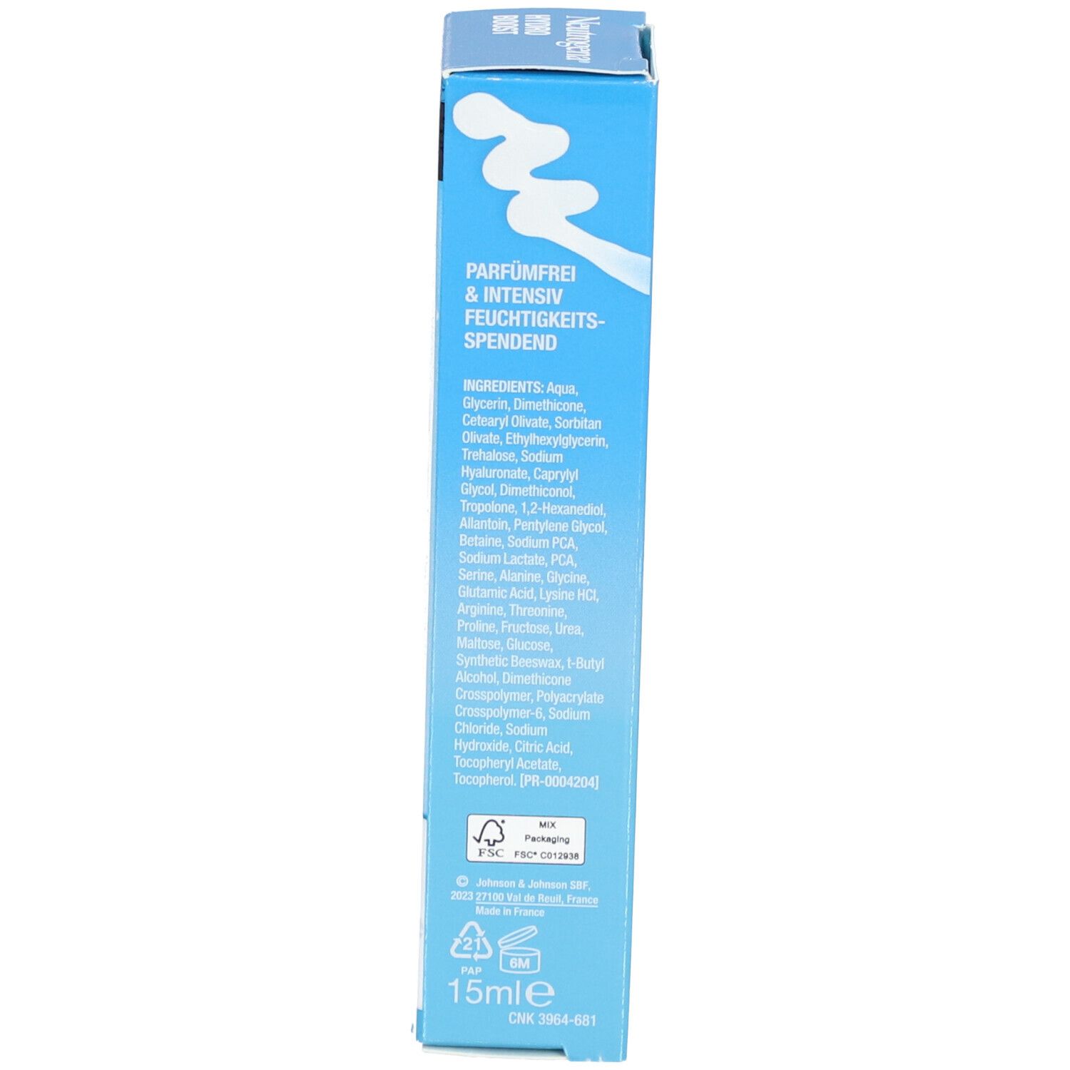 Côté de l'emballage. Ingrédients. Boîte bleue. 15ml.