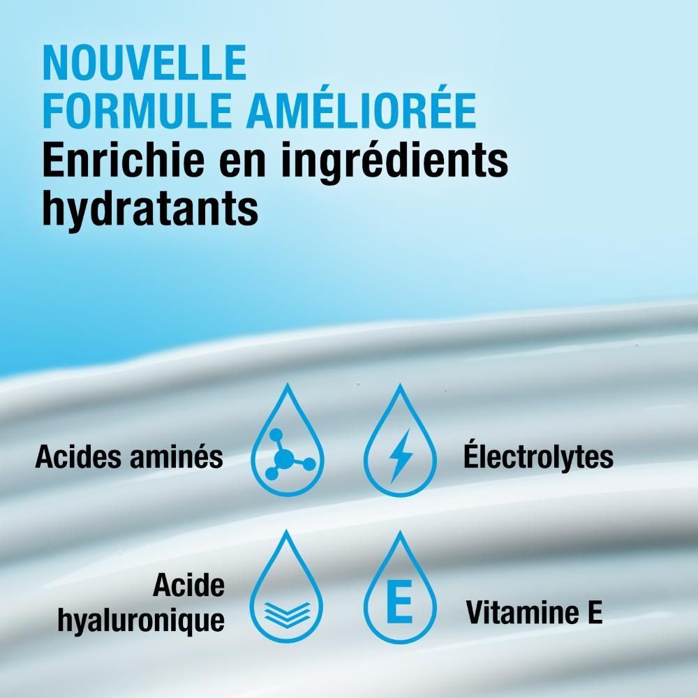 Gros plan sur les ingrédients. Texte: Acides aminés, acide hyaluronique, électrolytes, vitamine E.