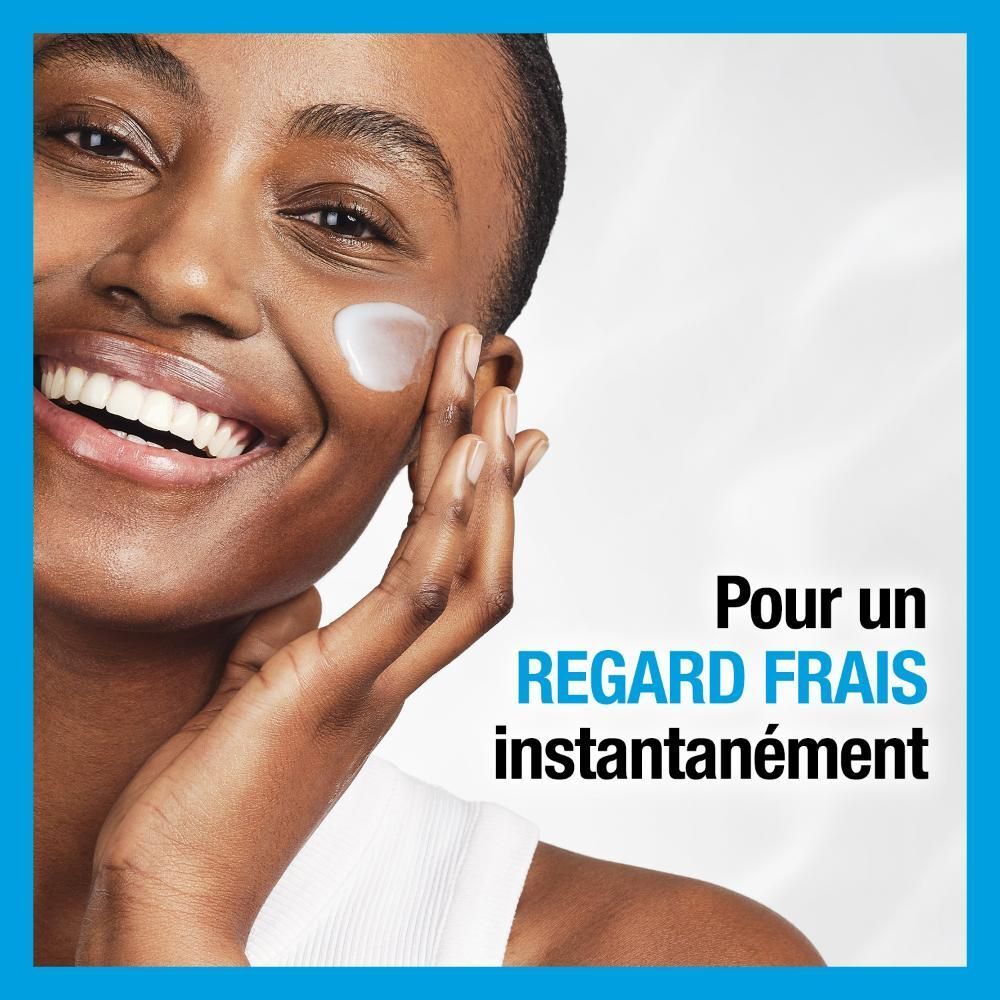 Visage avec crème pour les yeux. Texte: Pour un regard frais instantané.