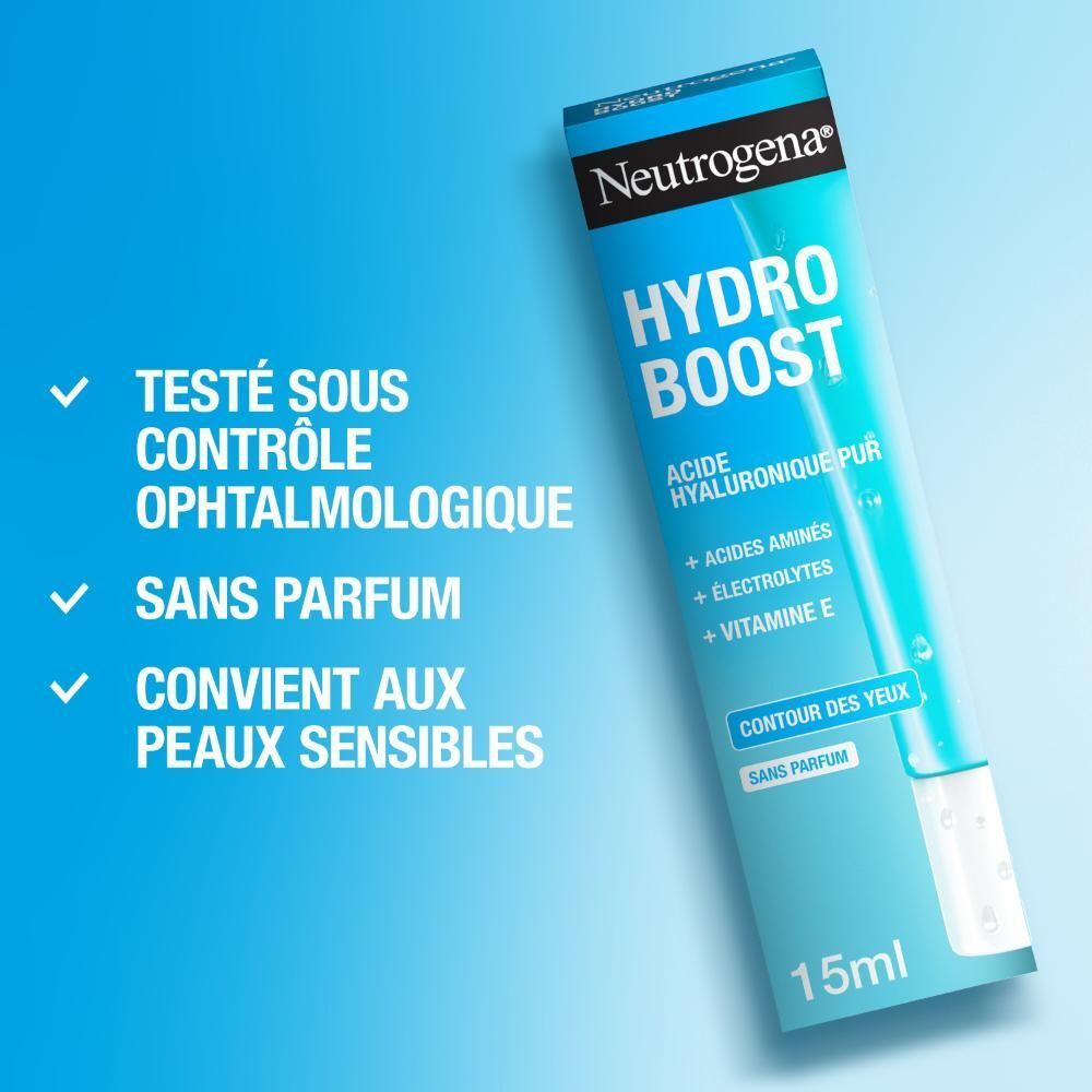 Neutrogena Hydro Boost crème yeux. Tube bleu. Texte: 15ml. Testé.