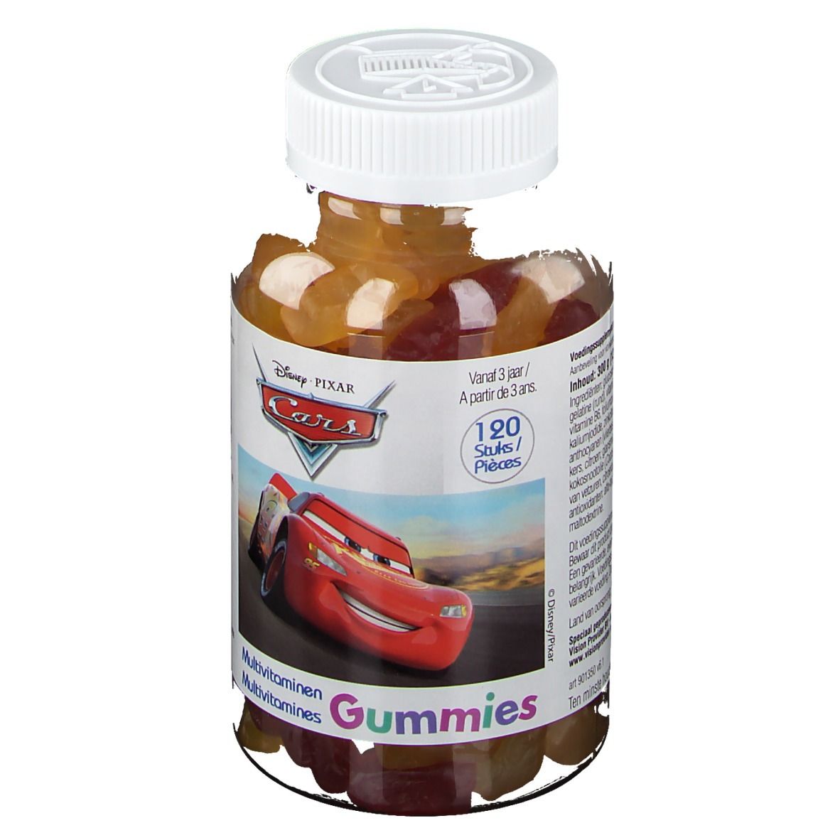 Flacon en verre de gommes. Inscription Disney Pixar Cars. 120 pièces. Pour enfants à partir de 3 ans.