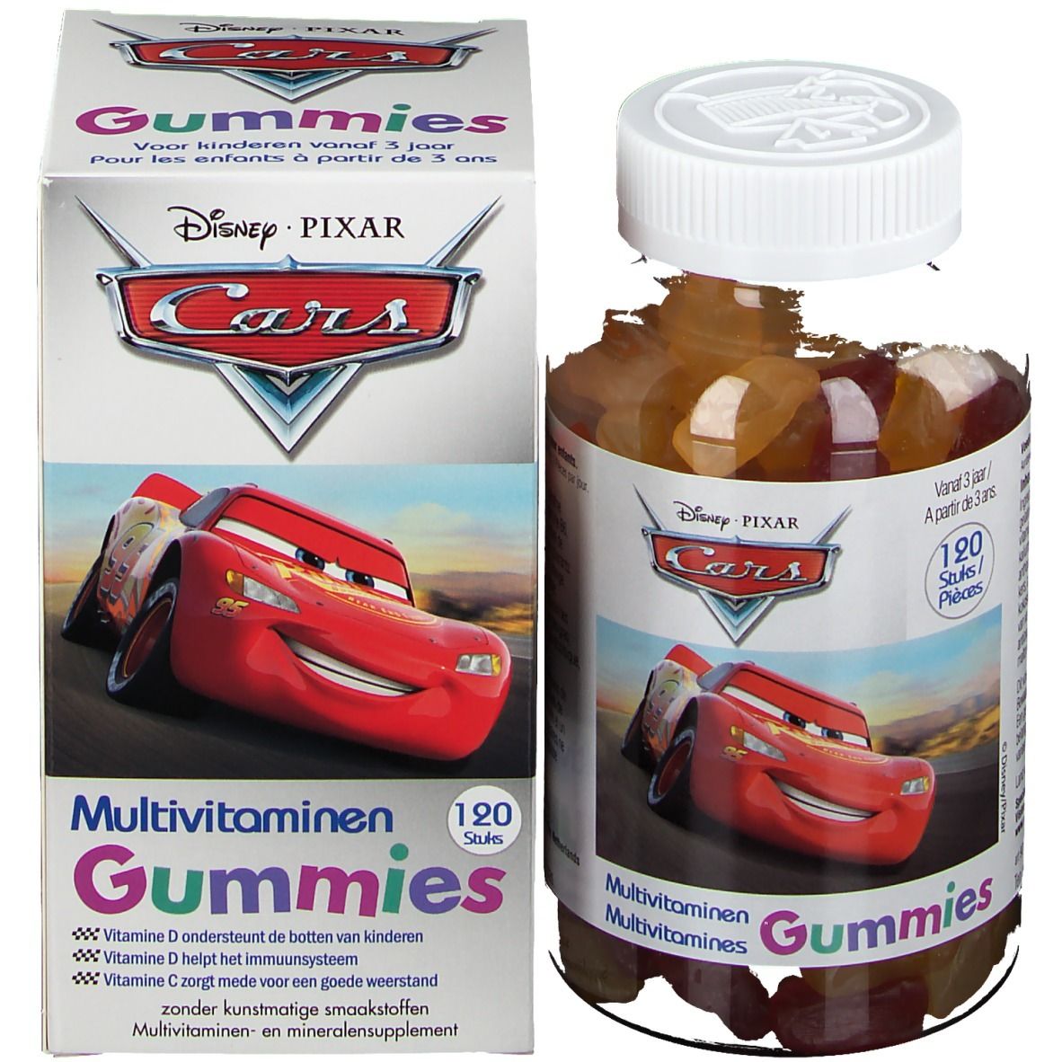 Flacon en verre et boîte de gommes. Inscription Disney Pixar Cars. 120 pièces. Pour enfants à partir de 3 ans.