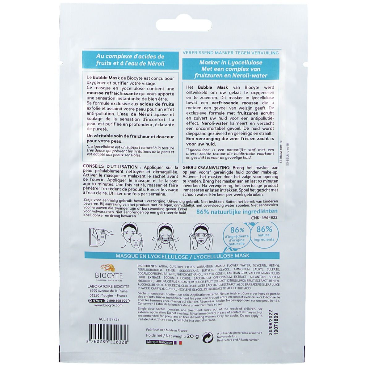 Sachet de masque BIOCYTE Bubble Mask. Sachet blanc avec texte bleu. Contient 86% d'ingrédients naturels. Texte: Masque en lyocellulose.