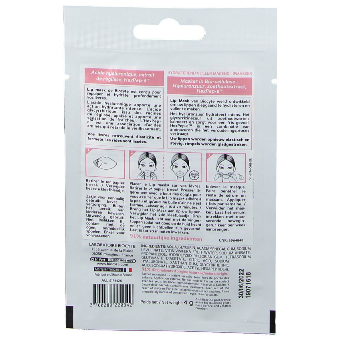 Dos du sachet BIOCYTE Lipmask®. Texte multilingue, ingrédients et instructions d'utilisation.