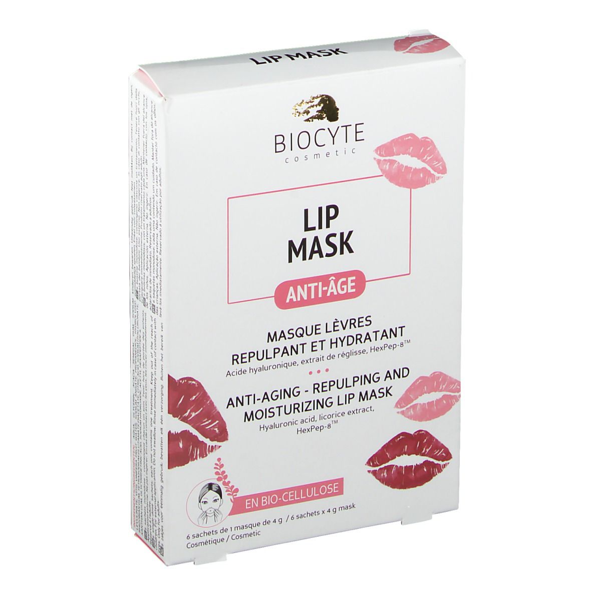 Boîte Biocyte Lip Mask®. Carton blanc avec nom du produit et illustrations de lèvres. Contient 6 masques.