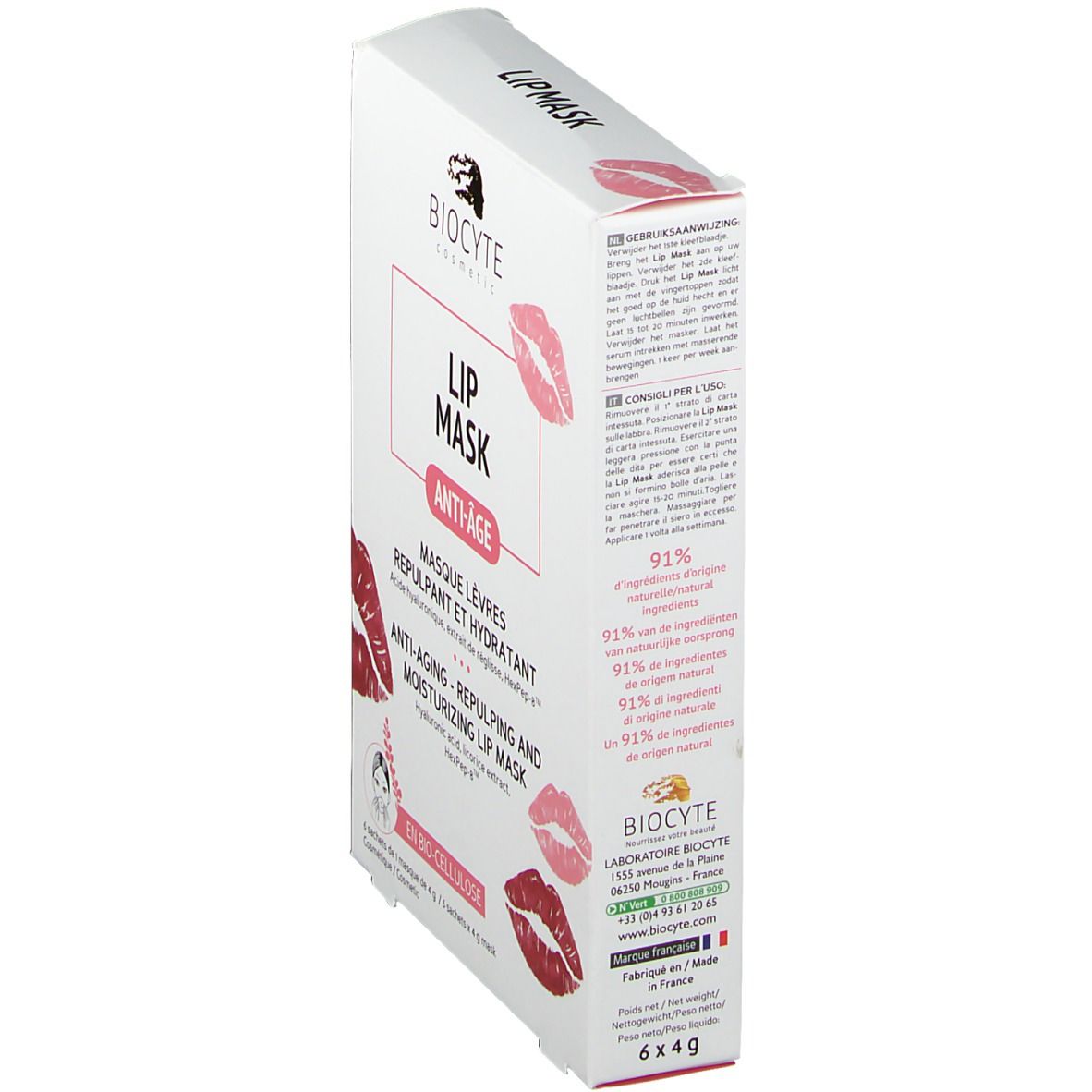 Boîte Biocyte Lip Mask® en biais. Carton blanc avec informations produit et illustrations de lèvres.