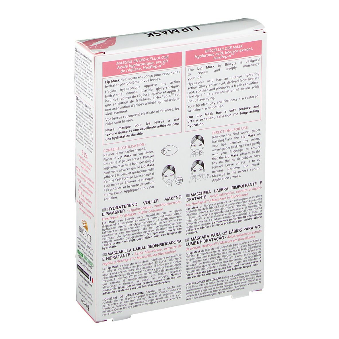 Dos de la boîte Biocyte Lip Mask®. Texte multilingue, instructions d'utilisation et ingrédients.