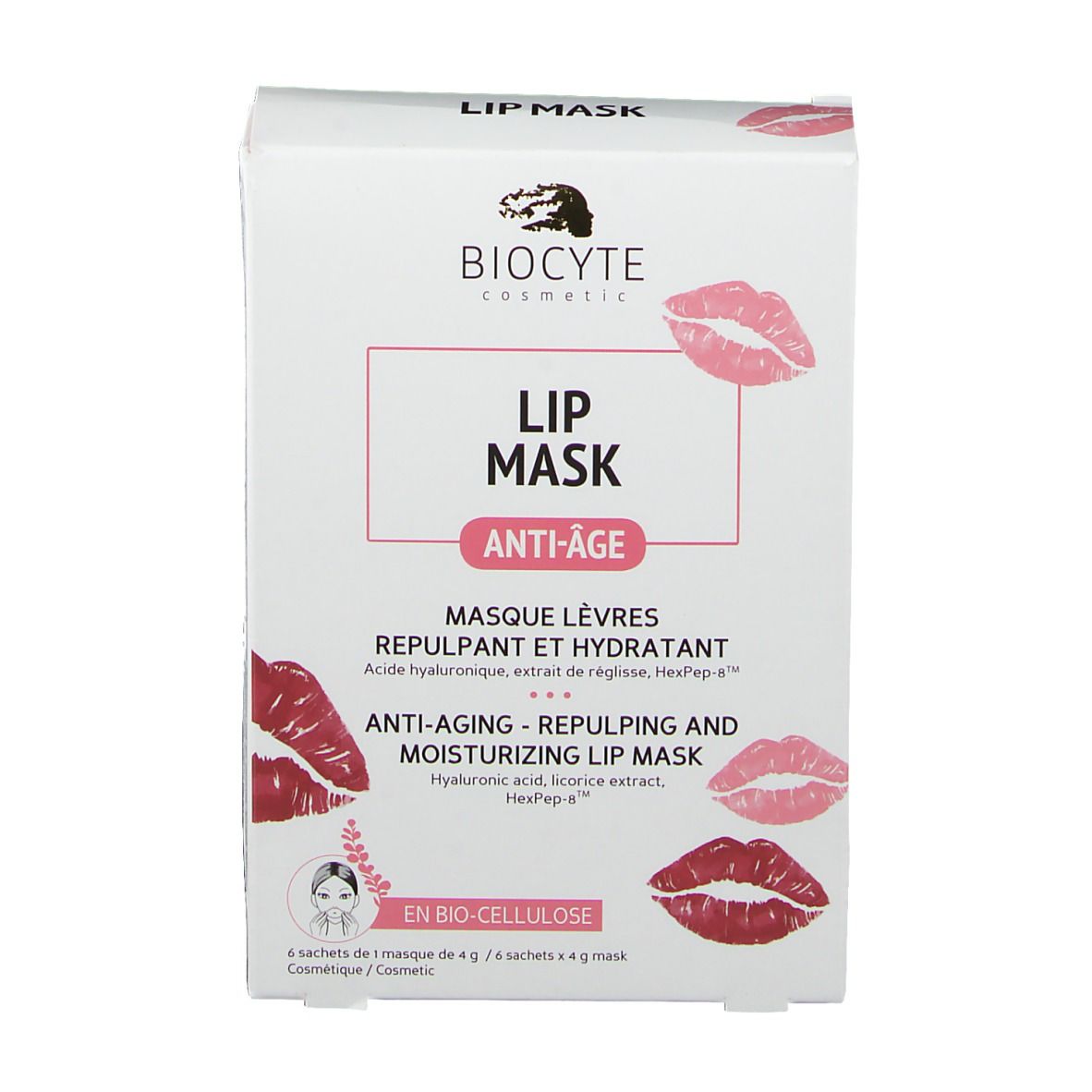 Vue de face de la boîte Biocyte Lip Mask®. Carton blanc avec nom du produit, logo et illustrations de lèvres.