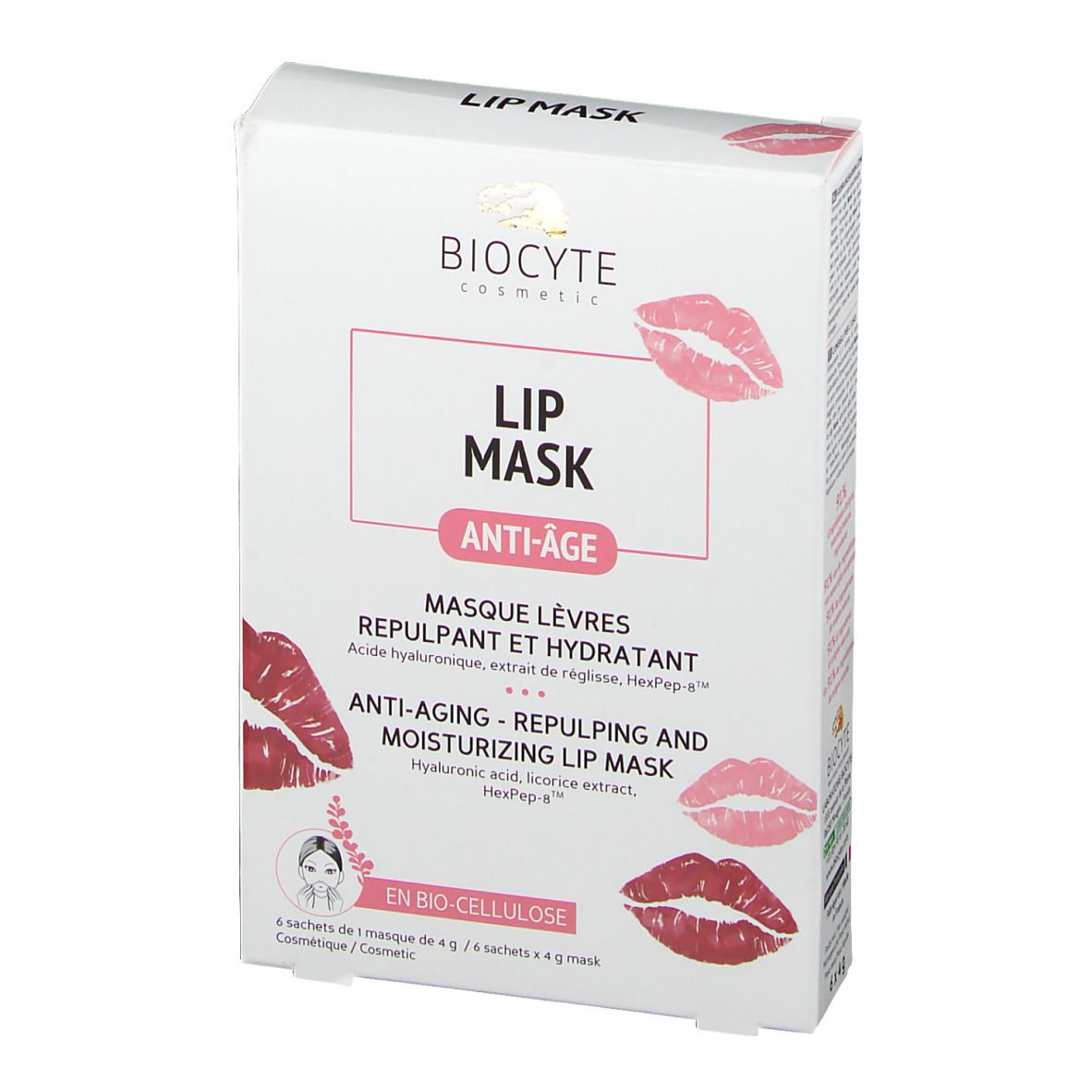 Vue de face de la boîte Biocyte Lip Mask®. Carton blanc avec nom du produit, logo et illustrations de lèvres.