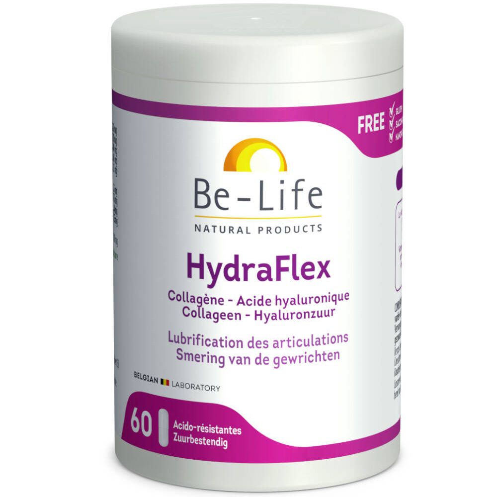 Récipient blanc avec accents roses. Inscription: Be-Life HydraFlex. 60 gélules. Laboratoire belge.